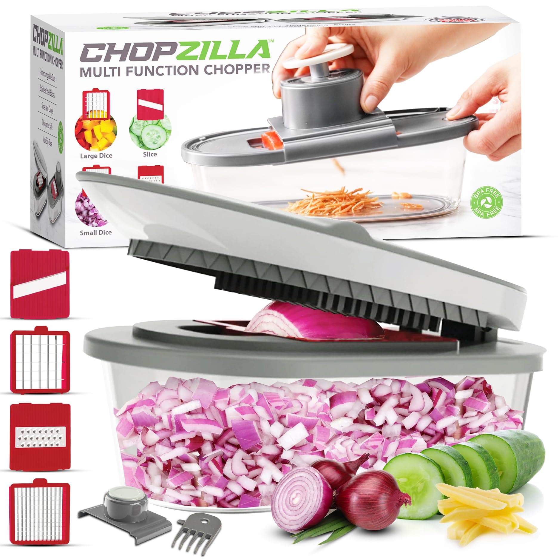 CHOPZILLA Vegetable Chopper and Mandoline Slicer for Kitchen with 4 Blades, Scraper and Container, ALL in 1 Sharp Veggie Chopper Vegetable Cutter, French Fry Cutter, Onion, Fruit, Salad, Potato