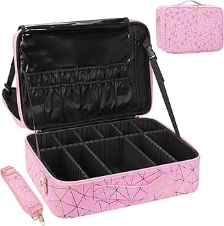 MONSTINA Professional Makeup Case Bag|3 Layers Large Capacity Cosmetic Organizer Brush Bag,Barber Train Case Makeup Artist Box,PU Leather Stylish Geometric Reflection Patterns Pink