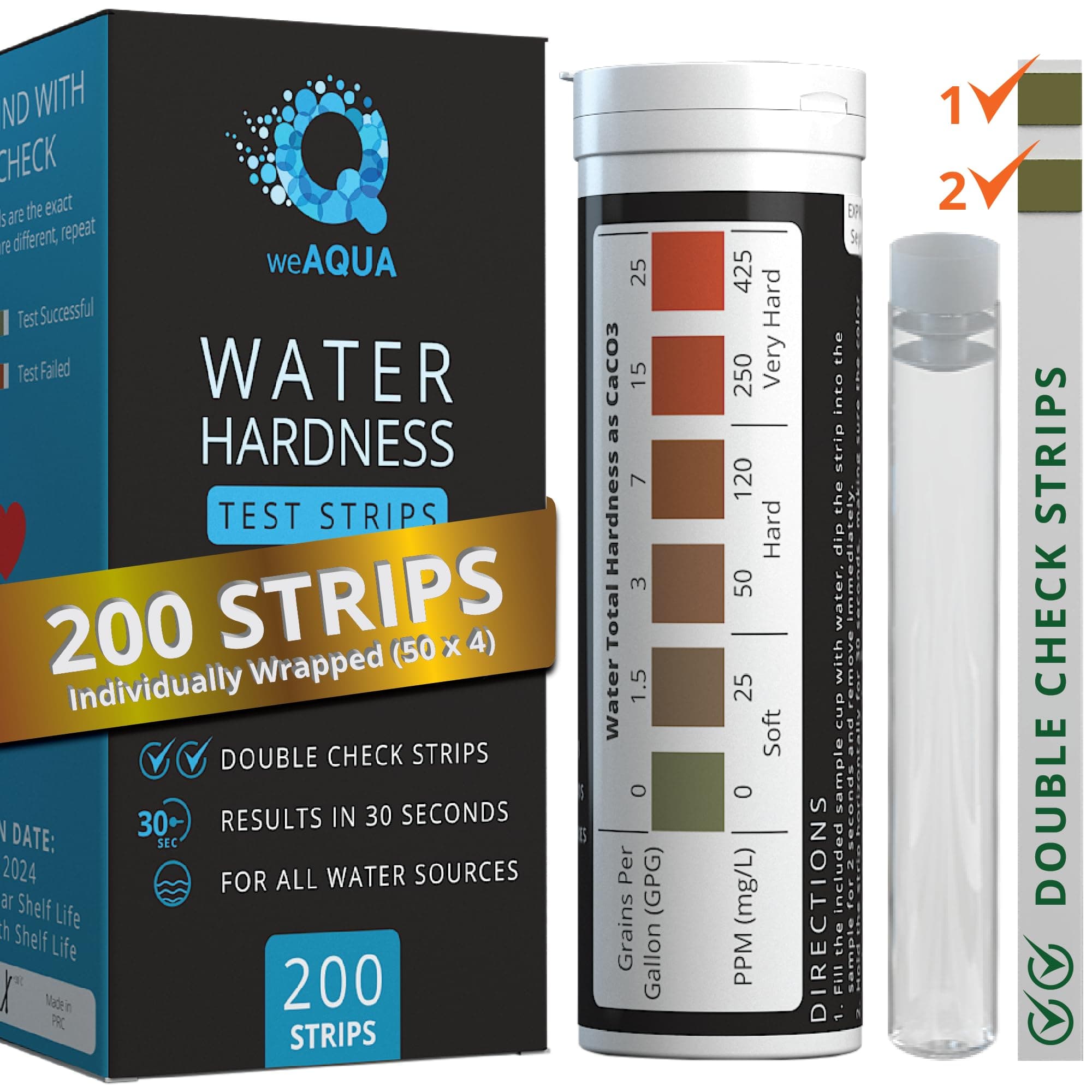 WeAQUA DoubleCheck Water Hardness Test Kit 200 Strips with Sample Cup - Hard Water Testing Strips (0-25 gpg / 0-425 ppm)