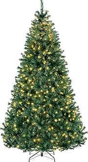 6ft Pre-Lit Christmas Tree Premium Hinged Artificial Pine Lighted Holiday Tree for Home, Office w/ 1,000 Branch Tips, 250 Lights, Metal Hinges, Foldable Base