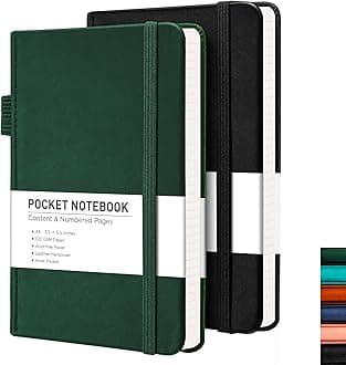 RETTACY Pocket Journal Notebook, 2-Pack, 160 Numbered Lined Pages per Pack, A6 Mini Small Size (3.5" × 5.5"), for Work, Journaling, Leather Hardcover, 100 GSM Thick Paper (Black & Dark Green)