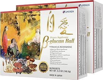 Umeken Beta Glucan, Immune Boost, Mushroom Extract, Dietary Supplement, Blend of 9 Premium Mushroom Extract Packets, Easy to Take Beta Glucan Supplements, 6 Month Supply, 90 Count Box, Pack of 2