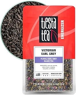 Victorian Earl Grey, Loose Leaf, Floral Earl Grey Black Tea, Premium Blend, High Caffeinated Black, Make Hot or Iced Brews Up to 25 Cups, 1.8 Ounce Resealable Pouch
