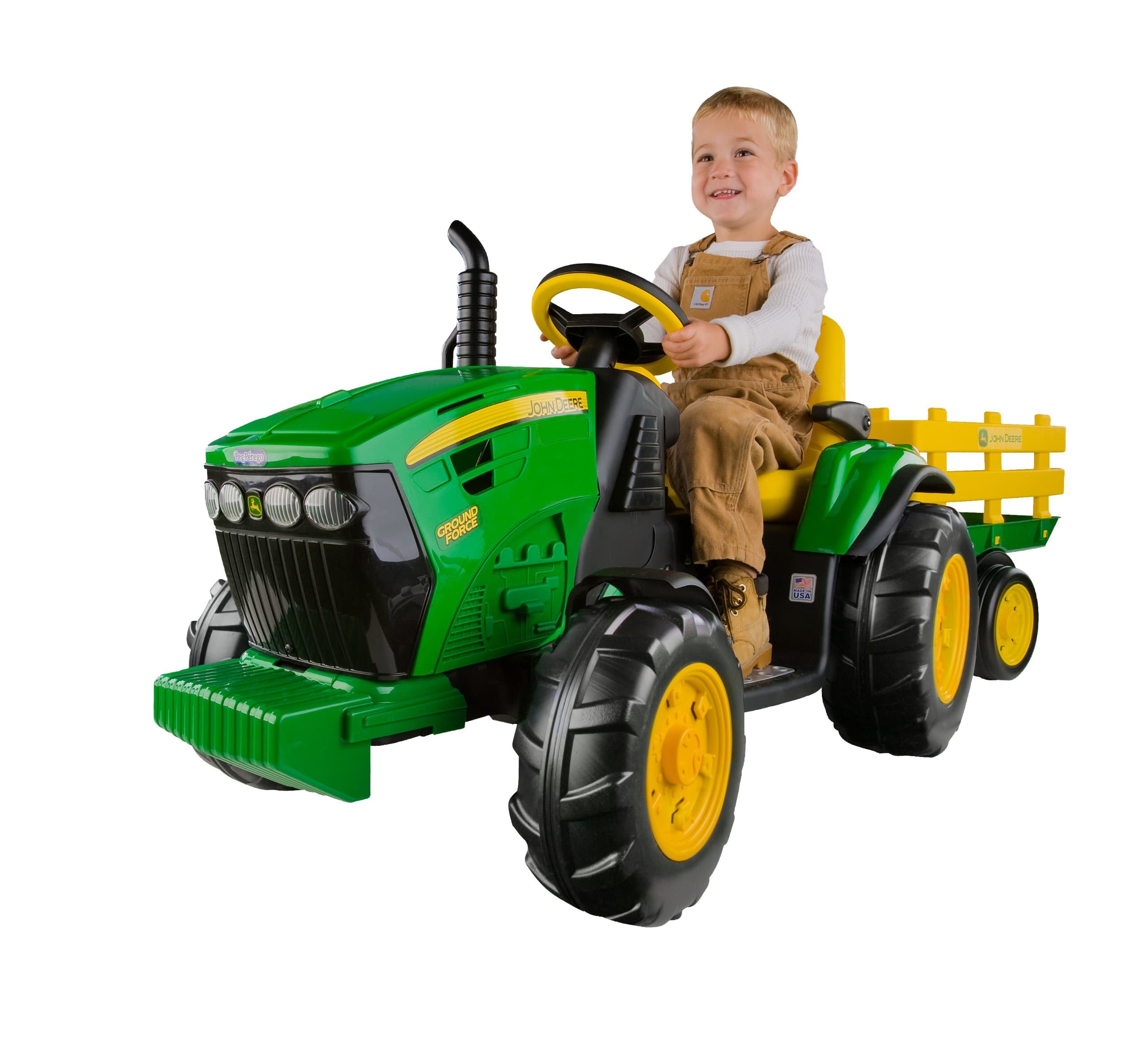 Peg Perego John Deere Ground Force Extra-Large 12 volt Ride-On Tractor with Trailer & FM Radio, Durable Design for Kids Ages 3-7