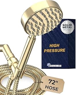 All Metal Hand Held Shower Head with Hose and Holder, Polished Brass | Made with Stainless Steel and Brass | High Pressure Handheld Showerhead, Extra Long 72 Inch Flexible Hose, Adjustable Bracket