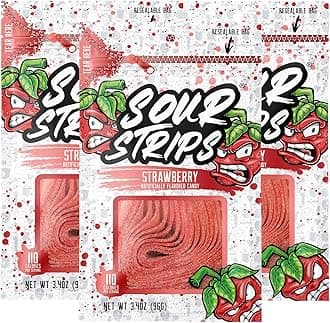 Sour Strips Sour Candy Belts, Strawberry, Resealable Candy Bags, 3.4 Ounce (Pack of 3)