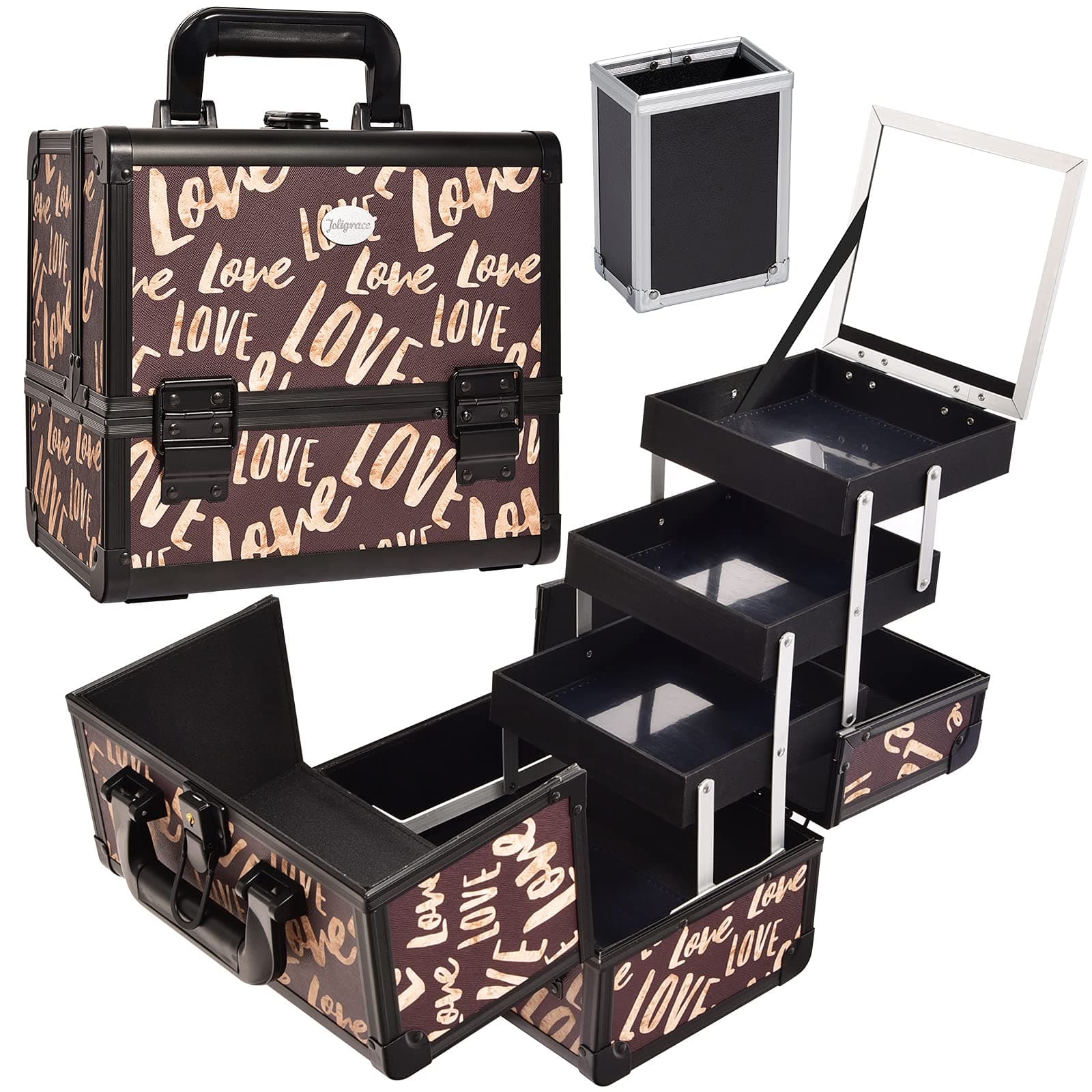 Joligrace Makeup Train Case Cosmetic Organizer Box Lockable with 3 Trays and a Brush Holder with Mirror Vintage Brown Love Pattern