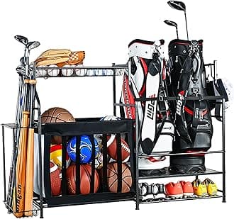 PLKOW Sports Equipment Organizer Rack, Garage Ball Rack, 2 Golf Bag Storage and Sports Gear Organizer for Garage
