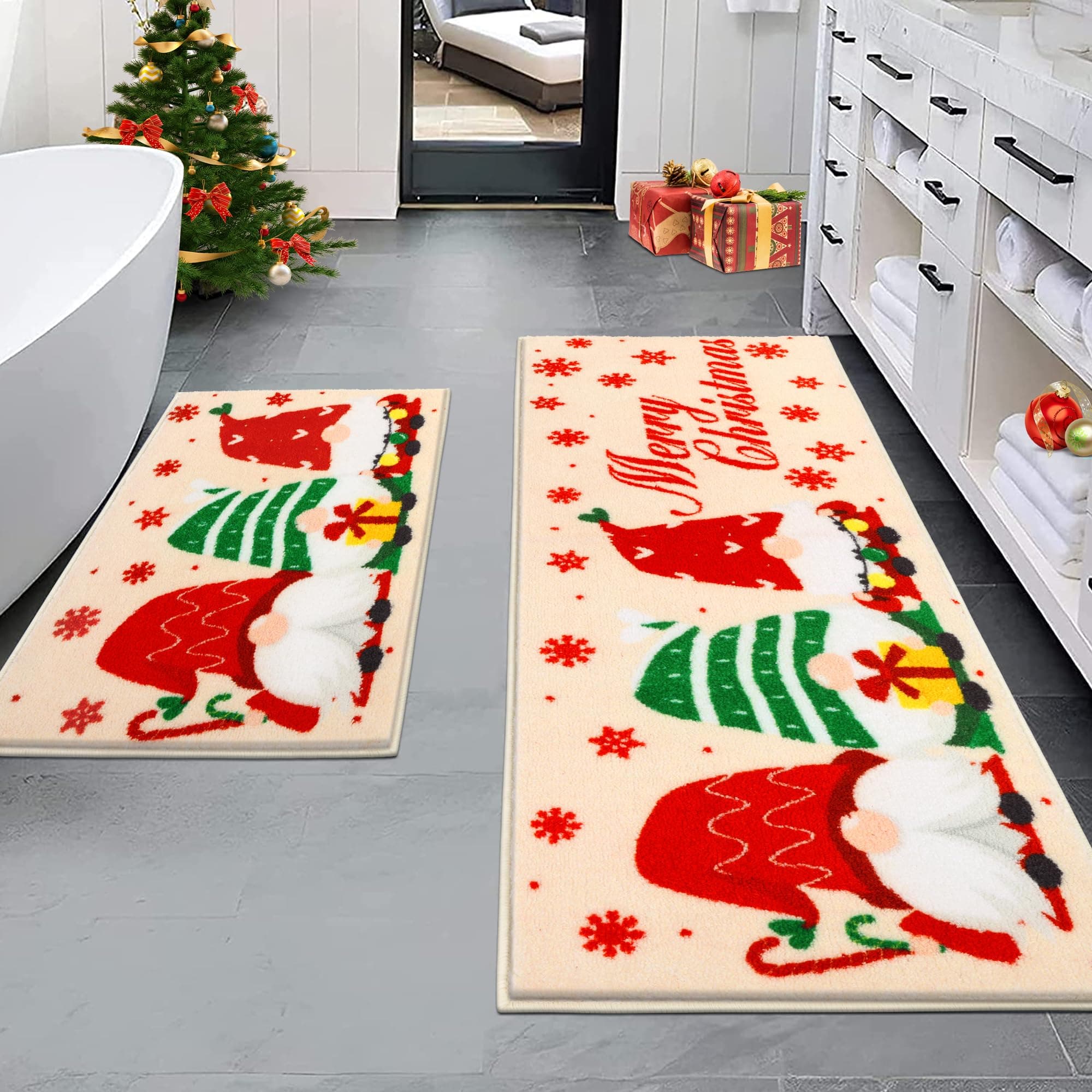 Bsmathom Christmas Bathroom Rugs Sets 2 Piece, Extra Soft & Absorbent Microfiber Bath Mats for Bathroom, Non Slip Machine Washable Christmas Elf Bath Rug for Bathroom Floor