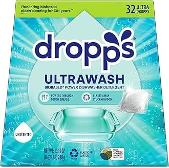 Dropps Dishwasher Detergent | Unscented, 32 Pods | Fragrance & Dye Free | Deep Cleans for Sparkling, Shiny Dishes| Low-Waste Packaging | No Pre-Wash | Powered by Natural Mineral-Based Ingredients