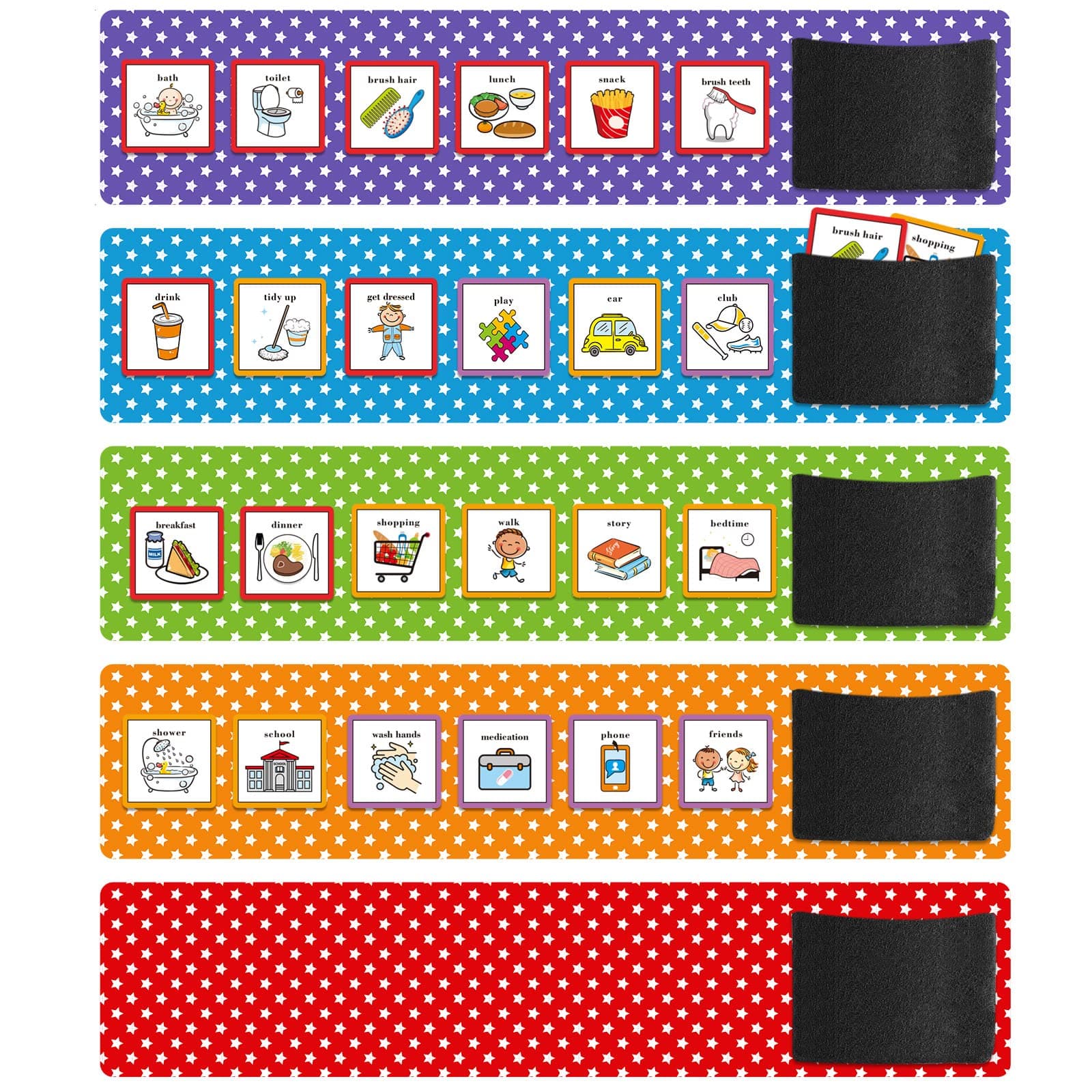 Visual Schedule for Kids Routine Cards Home Chore Chart Autism Learning Materials, 5 Charts and 35 Colorful Cards, Schedule Board with Adhesive Sticky Strap for Kids Classroom School