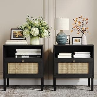 Natural Rattan Nightstands Set of 2, Accent End Table, Boho Bedside Table with 1 Hand Made Decorated Door for Living Room, Bedroom, Black
