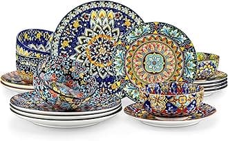 18 Pieces Dinnerware Sets, Plates and Bowls Set, Porcelain Dishes Set for 6, Microwave and Dishwasher Safe, Scratch Resistant, Bohemian Style Dining Ware Service for 6, Series SIMI