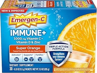 Emergen-C Immune+ Triple Action Immune Support Powder, BetaVia (R), 1000mg Vitamin C, B Vitamins, Vitamin D and Antioxidants, Super Orange – 30 Count