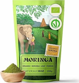NaturaleBio Organic Moringa Powder - Premium Quality - 200g. Bio, Natural and Pure. Leaves Picked from The Moringa Oleifera Plant for Tiredness, Immune System, Muscle Function, Fatigue