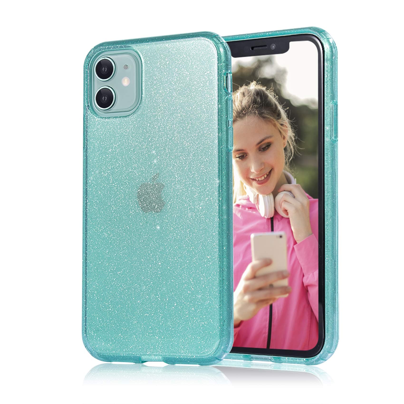 JJGoo Compatible with iPhone 11 Case, Glitter Sparkle Bling Anti-Scratch Shockproof Protective Flexible Phone Cases Cute Slim Thin Cover for Women Girls (6.1 inch) 2019 -Green Glitter