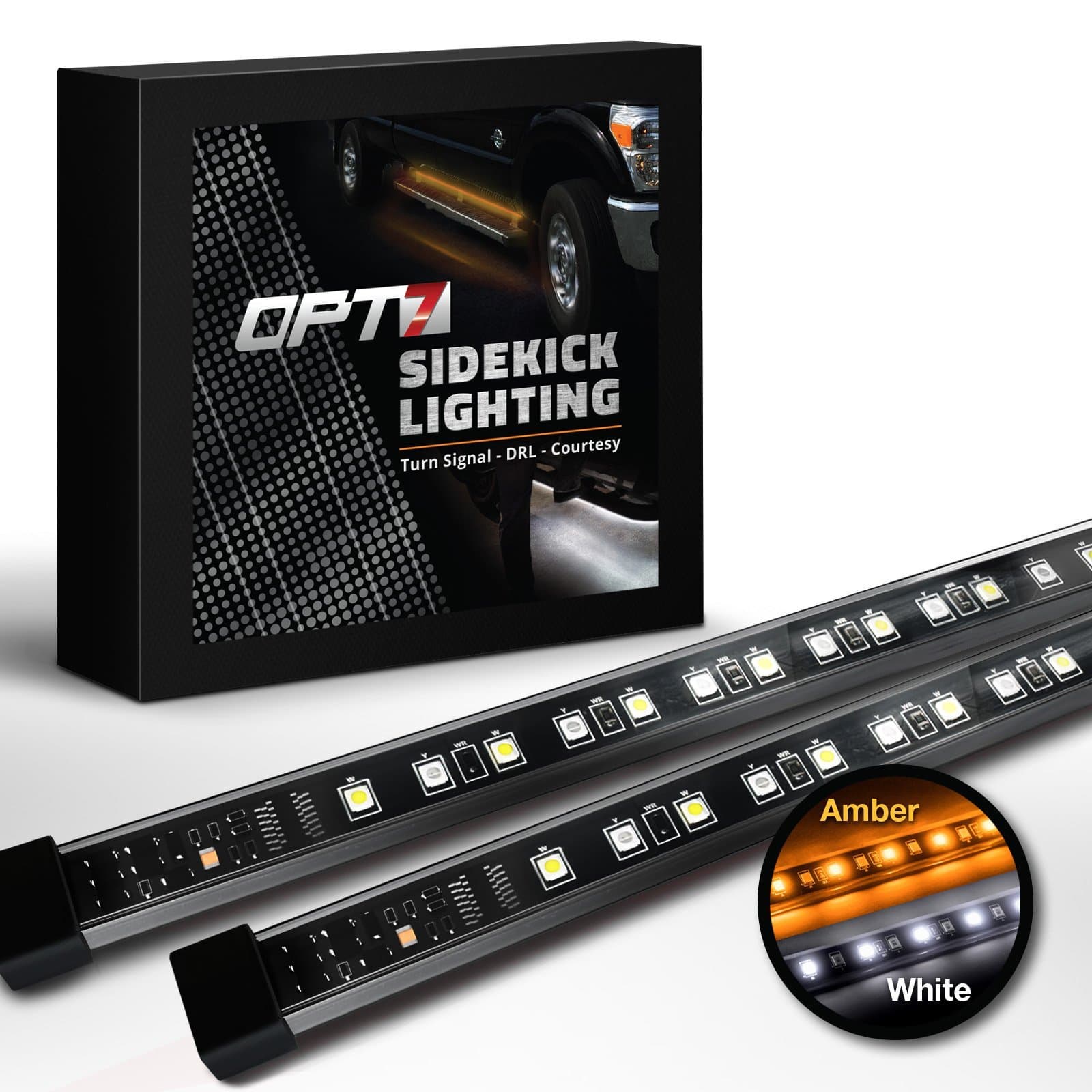 OPT7 2pc 60" Side Kick Running Board LED Strips w/Amber Turn Signal, DRL, and White Courtesy Light