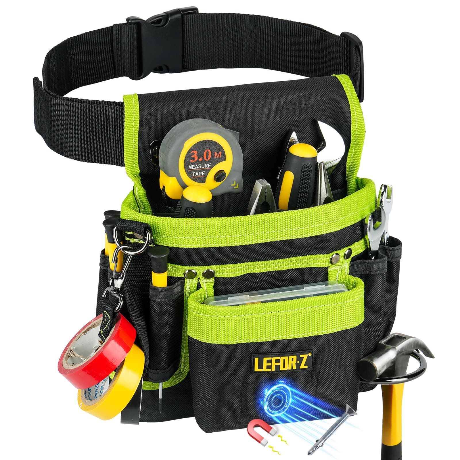 Tool Belt,Magnetic Tool Pouch,14-Pockets Tool Belts for Men,Detachable & Adjustable Tool Pouch belt for Electrician,Carpenter,Construction,Work Apron,Utility Belt,Gift for Dad,Black-Green