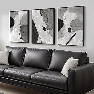 Large Framed Black and White Gray Abstract Canvas Wall Art, Set of 3 Piece Contemporary Paintings Artwork for Walls, Modern Minimalist Prints Pictures for Living Room Hallway Office Wall Decor, Total