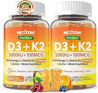 Vitamin D3 K2 Gummies 5000IU / 10,000 IU with Omega-3 250mg + K2(MK-7) 100mcg - 5X Absorption Than Standard D3K2,with Vitamin C, Zinc,and 5 Organic Vegetables,Supports Bone & Teeth Strength, Immune
