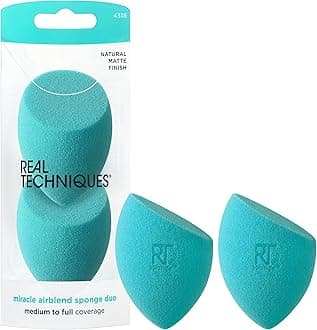 Real Techniques Miracle Airblend Makeup Sponge, Matte Makeup Blending Sponge, For Liquid, Cream, & Powder Products, Offers Medium To Full Coverage, Foundation Sponge, Latex-Free Foam, 2 Count