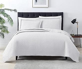 EXQ Home Summer Quilt Set Full Queen Size White 3 Piece,Lightweight Microfiber Soft Coverlet Plaid Pattern Bedspread Set for All Season(1 Quilt,2 Pillow Shams)