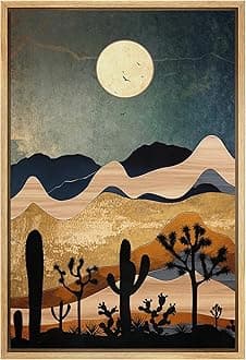 Framed Canvas Print Wall Art Joshua Tree Cactus Moonlight Desert Nature Wilderness Illustrations Decorative Bohemian Rustic Mid-Century Modern Desert Landscape for Bedroom - 16"x24" Natural