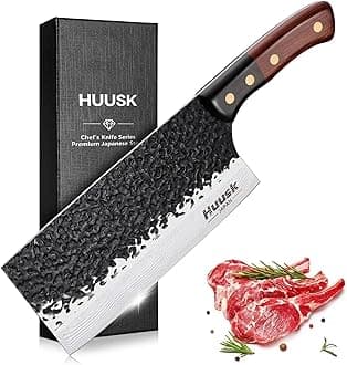Huusk 7.5" Meat Cleaver Knife - Hand-forged Butcher Knife High Carbon Steel Kitchen Knives with Damascus Texture, Full Tang Japanese Knives with Wood Handle,Christmas Gift for Men and Women