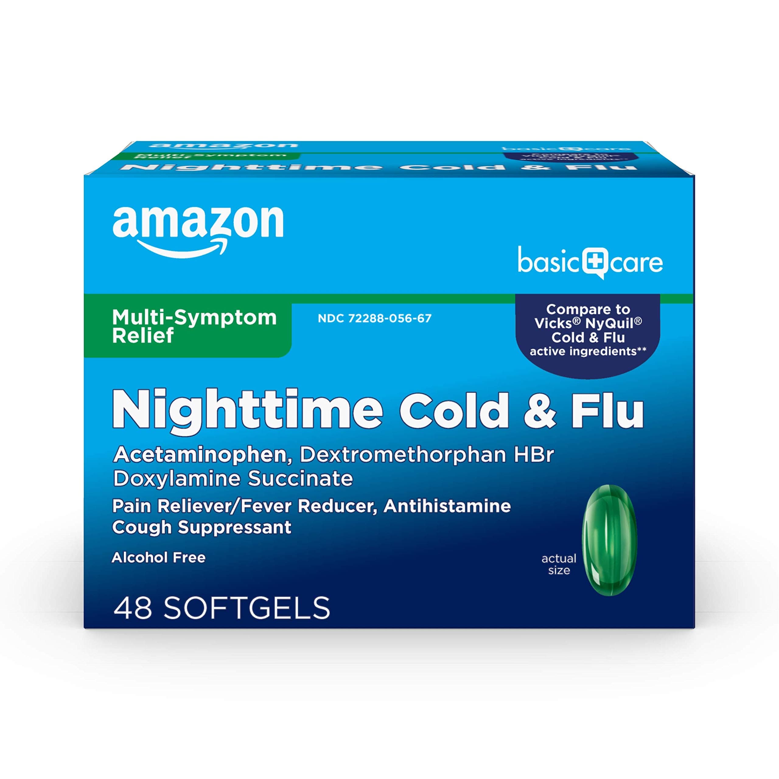 Amazon Basic Care Nighttime Cold & Flu Relief, Pain Reliever, Fever Reducer, 6 Hour Cold Medicine, Cough Suppressant, Antihistamine, 48 Count