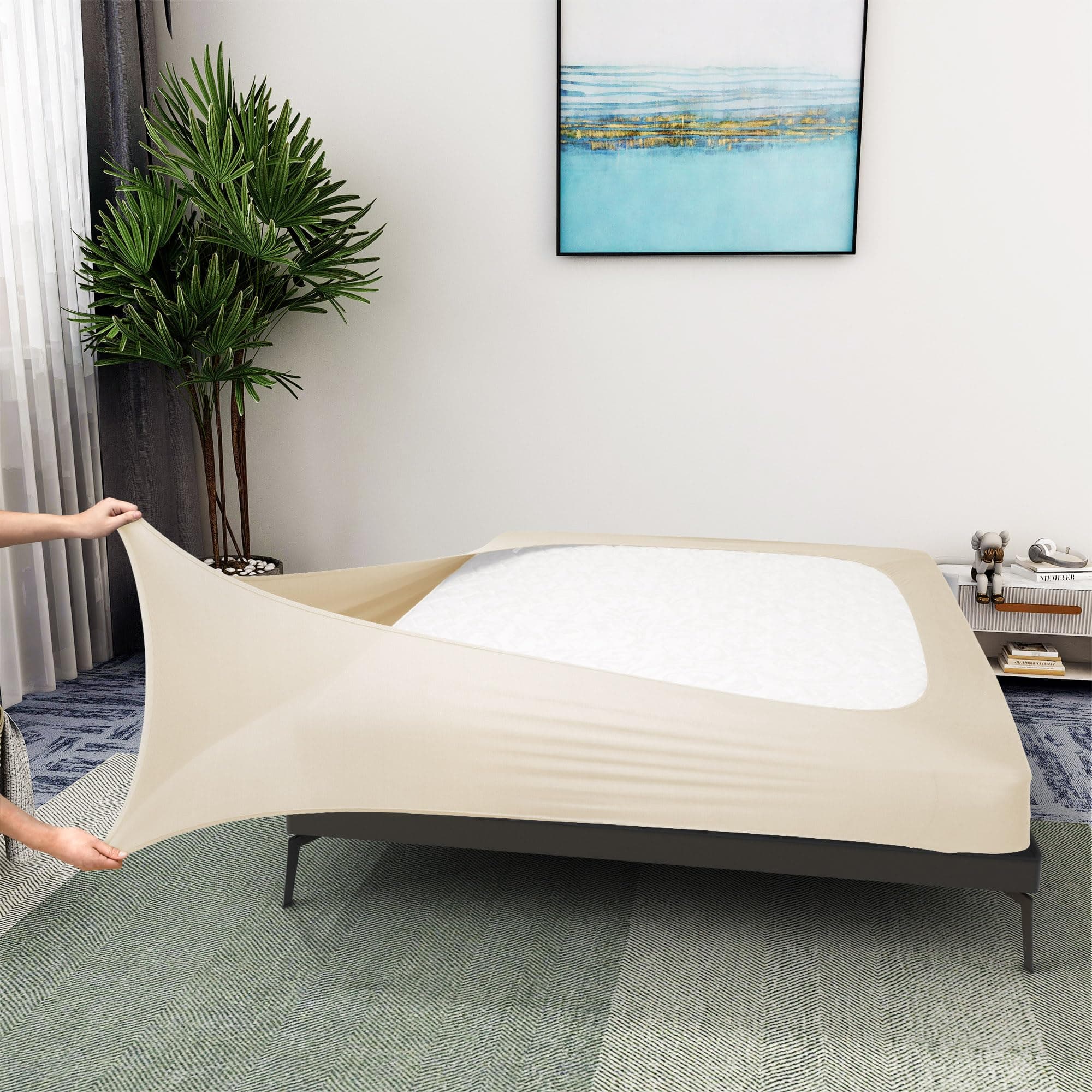 Box Spring Cover King Size - Elastic Fabric Wrap Around 4 Sides Bed Skirt for Hotel & Home - King, Beige