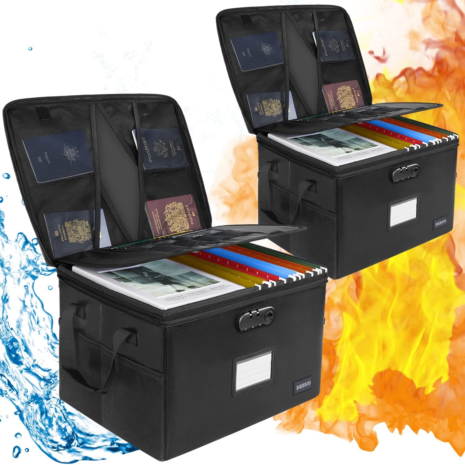 DEEGO Fireproof Safe Box, 2 Pack Fireproof Document Box, File Box Water-Resistant File Organizer Box with Lock, Document Safe Collapsible File Cabinets for Home Office for Hanging Letter/Legal Folder