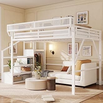 Queen Size Loft Bed with Stairs and Storage, Metal Loft Bed Frame with Bedside Shelf and Large Under-Bed Space, Heavy-Duty Loft Beds for Adults Teens and Kids, Convertible Staircase, White