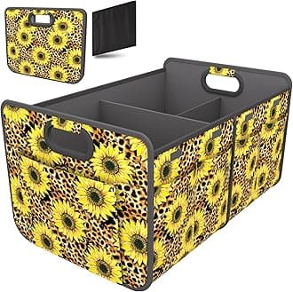 Homeve Trunk Organizer, Car Storage, Reinforced Handles, Collapsible Multi-Compartment, Foldable, Waterproof, Sturdy, 600D Oxford Polyester For Car, SUV, Mini-Van, Sunflower Leopard Print, 2 Compart