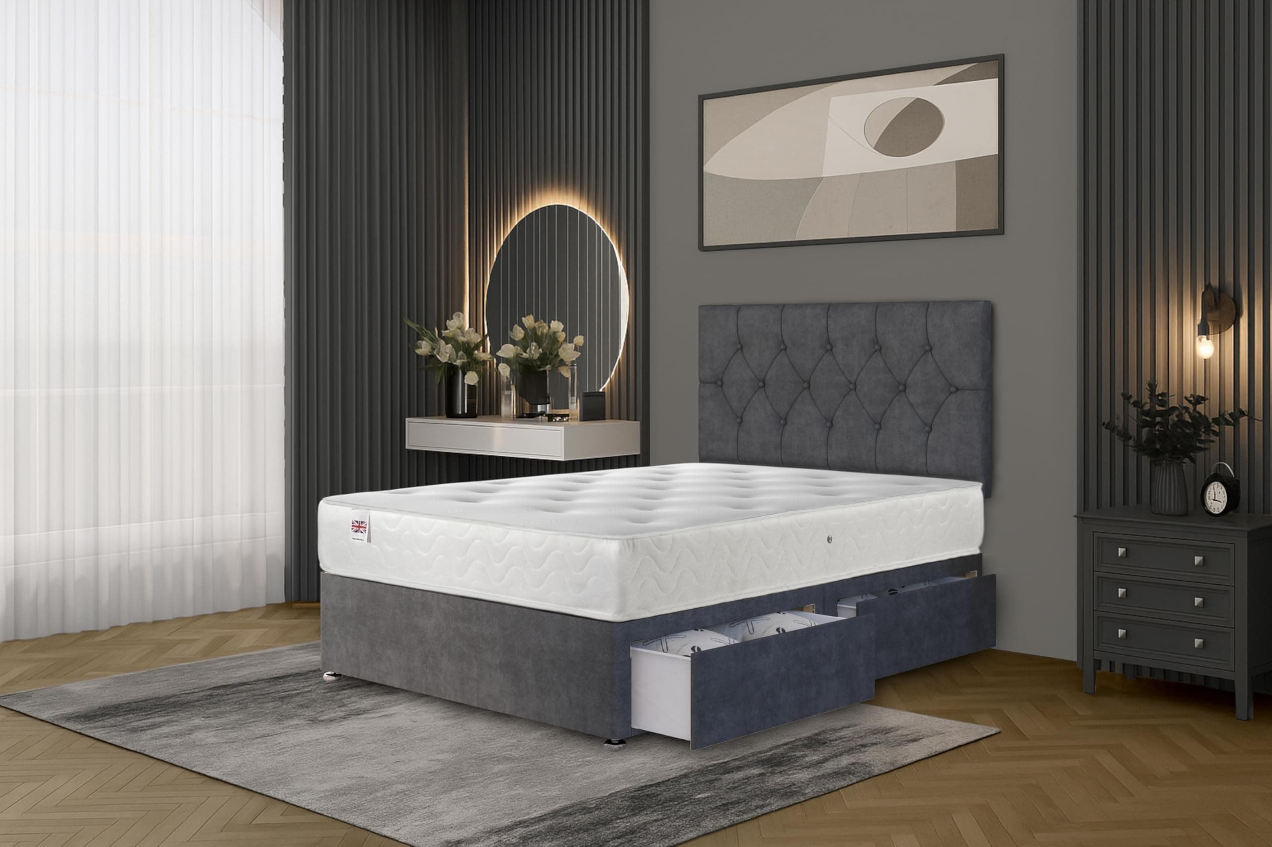 Ziggy Grey Plush Sprung Memory Foam Divan Bed Set – Small Double (120×190 cm) | 2 Same-Side Drawers | Headboard Included | Storage Bed for Small Spaces | Modern Design | UK Made