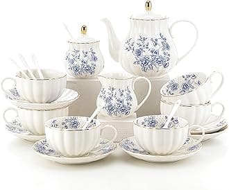 22 Pieces Porcelain White Tea Sets for Adult,Gold British Tea Set for Women,European Tea Set for Party,White Coffee Cup (Blue), just right size, HFB0001P