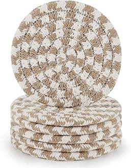 ABenkle Drink Coasters, 6Pcs Stylish Handmade Braided Drink Coasters 11cm (4.3inch), 100% Pure Cotton Super Absorbent Round Coasters for Drinks, Great Housewarming Gift (Brown Mixed White)