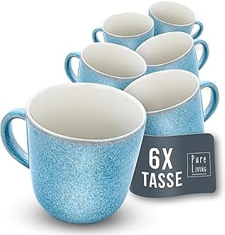 PURE LIVING INTERIOR DESIGN Coffee Cups Set of 6 Ibiza - Premium Stoneware Mugs, Dishwasher and Microwave Safe, Scratch-Resistant - Stylish Tea and Coffee Mug Set - Tableware in Beige and Blue