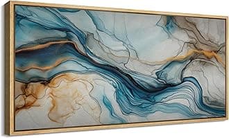 SIGNFORD Extra Large Framed Canvas Print Wall Art Abstract Blue and Gold Marble Texture Illustrations Modern Art Calm Warm for Living Room, Bedroom, Office - 60"x30"