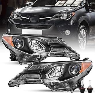 SOCKIR Headlight Assembly Fit for 2013 2014 2015 Rav4 Halogen Headlamp Replacement Driver and Passenger Side Bubls Included Black Housing with Amber Reflector