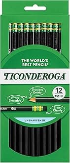 Ticonderoga Wood-Cased Pencils, Unsharpened, #2 HB Soft, Black, 12 Count