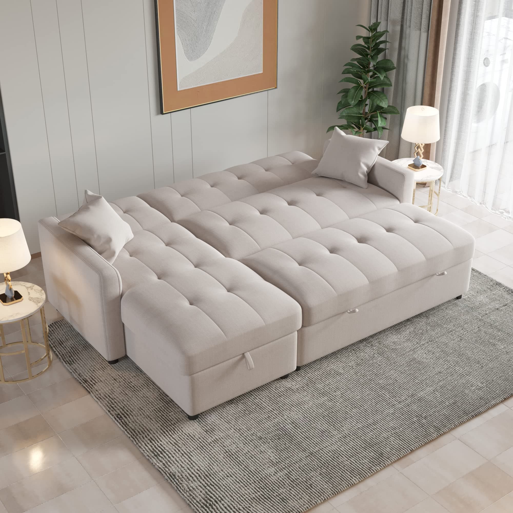 Reversible Sectional Sleeper Sofa, 82In Wide Sectional Sofa Couch with Storage, Pull-Out Sofa Bed L-Shape Sectional Sofa with Chaise for Living Room Small Apartment (Light Grey), LV7047