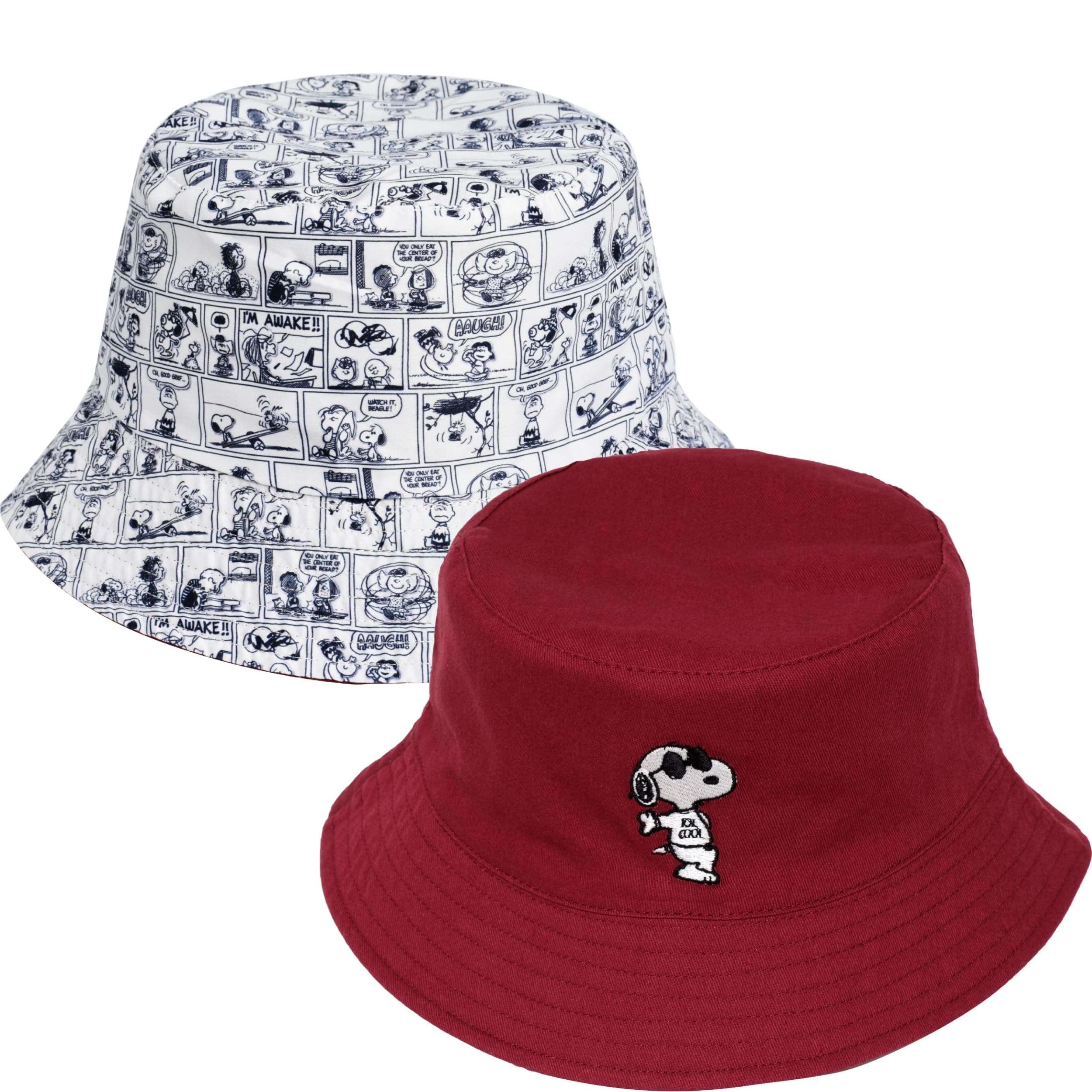 Concept One Peanuts Snoopy Joe Cool Solid and Comic Patterned Reversible Bucket Hat, Burgundy, One Size