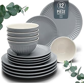 12-Piece Dinnerware Set - Bowl and Plate Set - Stoneware Dining Set for 4 People - Dishwasher and Microwave Safe - Grooved Dining Service in Grey-Blue