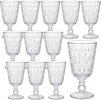 Eaasty Wine Glasses Set of 12 Vintage Goblet 9 oz Vintage Colored Glass Goblet Beverage Stemmed Glass Cups Romantic Embossed Glassware for Wedding Party Holidays Anniversary (Clear)