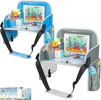 MENZOKE Kids Travel Tray for Boys or Girls, Travel Tray for Kids Car Seat with Tablet Holder, Dry Erase Board & Cooler Cup Holder, Road Trip Essentials Accessories for Car Trip, Airplane (2 Pack)
