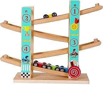 Towo Pure Wood Car Ramp - Zigzag Car Slide with 4 Wooden Cars Play Sets Click Clack Track Wooden Car Toy for Toddlers Racing Car Toy for Children Boys Girls 1 2 3 4