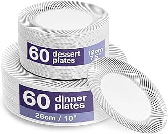 MATANA 120 Premium White Plastic Dinner & Dessert Plates - 60 x 25cm, 60 x 18cm - Elegant & Reusable Party Plates for Weddings, Birthdays, BBQ, Christmas, Parties