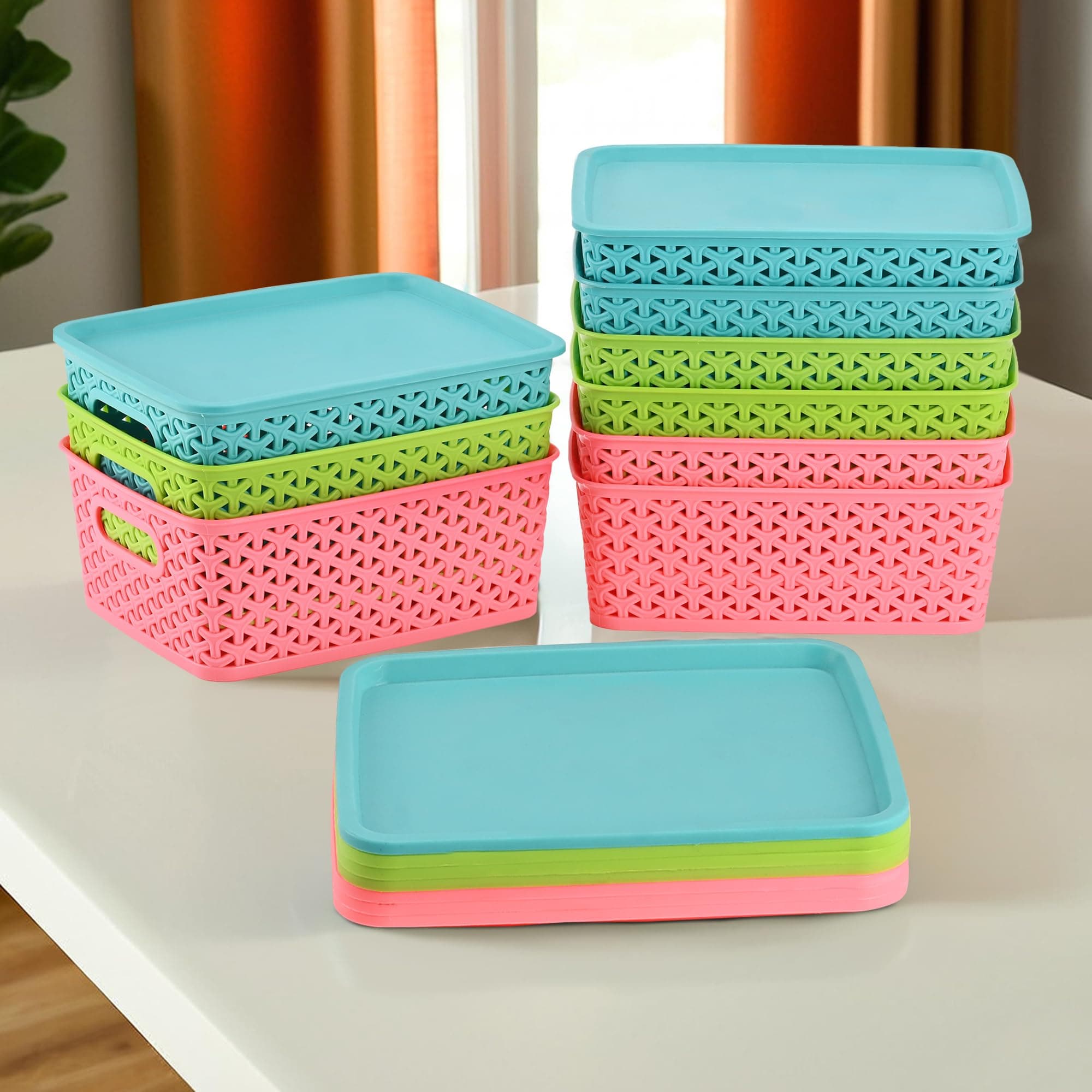 Kuber Industries 9 Pcs Stackable Plastic Storage Box with Lid | H5 Multi-Purpose Basket for Storage - Ideal Home Organizers for Baby Dress, Stationary, Medicine & Pooja Items | Multicolor
