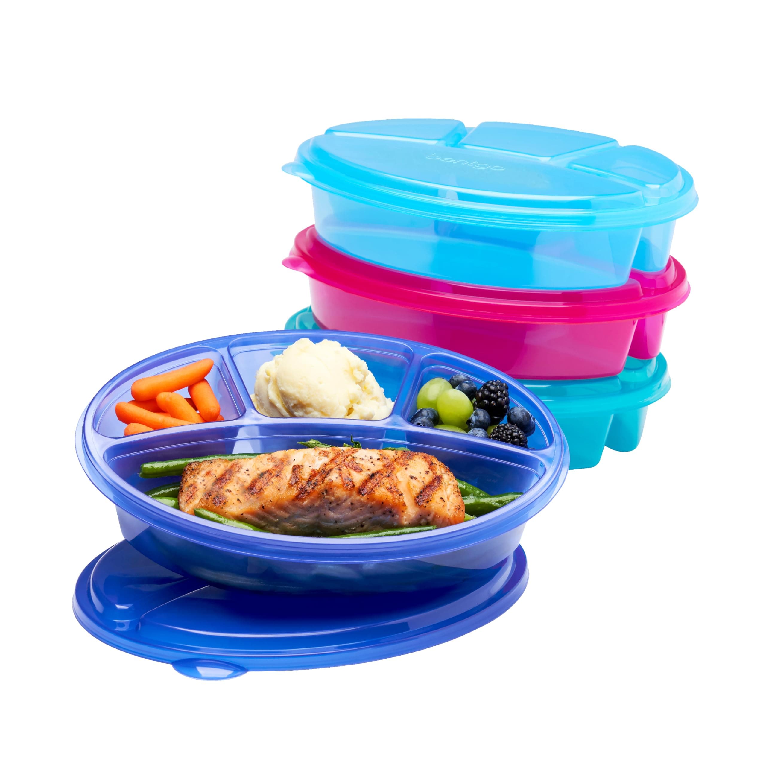Bentgo Easyboxes 4-Compartment Oval Containers - Patented Design 8-Piece Set; 4 Trays & 4 Fitted Lids Seal in Freshness; Reusable Food Storage & Meal Prep BPA-Free Containers (Jewel Brights)
