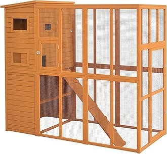 PawHut Catio Outdoor Cat Enclosure, Wooden Cat Patio with Platforms, Waterproof Asphalt Roof, Ramps, 77" L, Natural